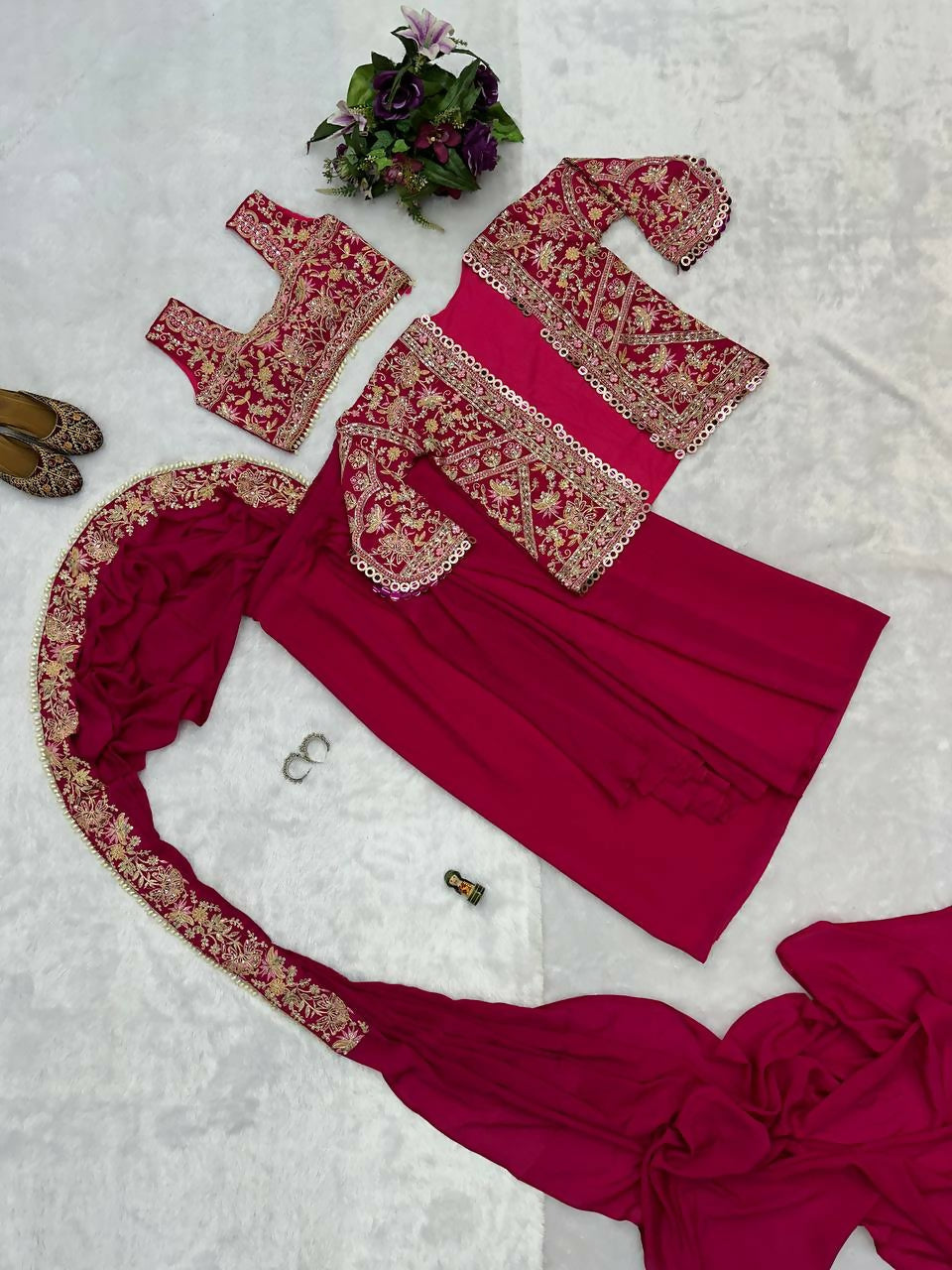 Teeya Creation Rani Color Chinon Silk Embroidery Work Ready To Wear Party Wear Saree With Koti - Distacart