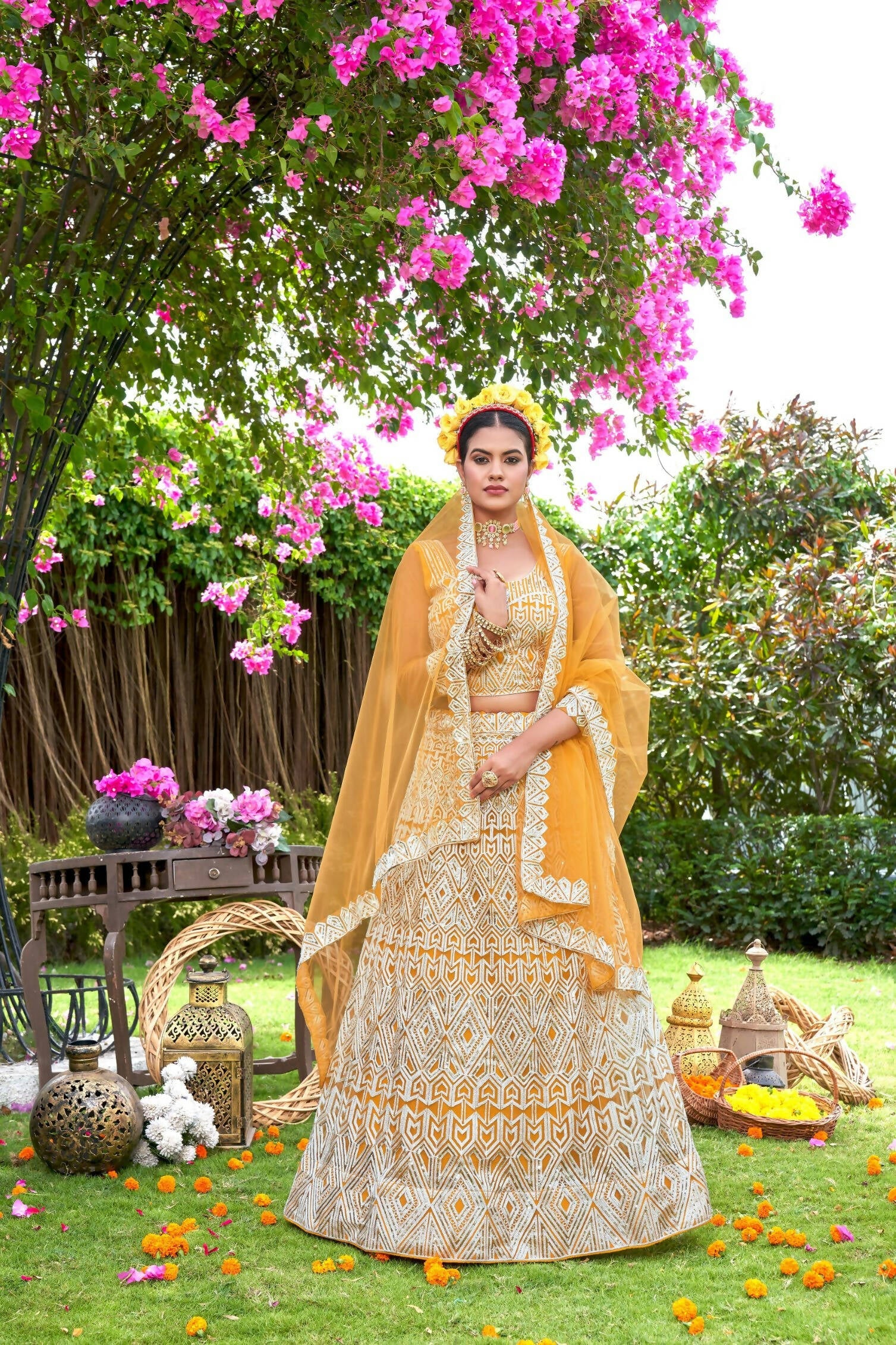 Yellow Net Embroidered Semi Stitched Lehenga Choli with Dupatta - Bhagya