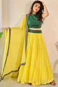 Jyoti Fashion Yellow Three Lair Frill Georgette Lehenga Choli with Dupatta