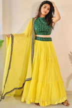 Jyoti Fashion Yellow Three Lair Frill Georgette Lehenga Choli with Dupatta