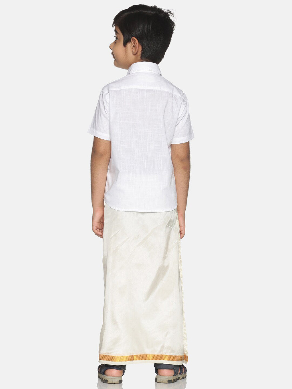 Sethukrishna Boys White & Gold Solid Pure Cotton Shirt & Veshti Set