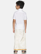 Sethukrishna Boys White & Gold Solid Pure Cotton Shirt & Veshti Set