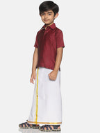 Sethukrishna Maroon & & White Pure Cotton Solid Shirt Veshti Set For Boys