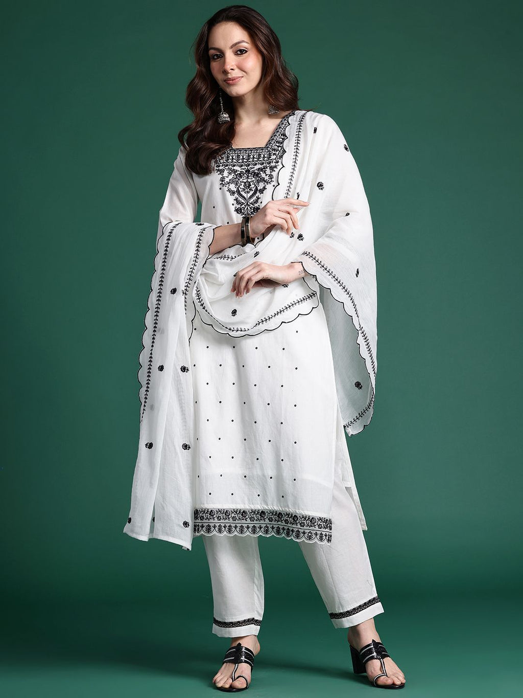 Indo Era Floral Embroidered Pure Cotton Kurta with Trousers & Dupatta - Distacart