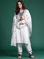 Indo Era Floral Embroidered Pure Cotton Kurta with Trousers & Dupatta - Distacart