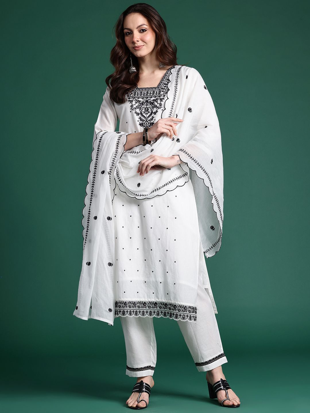 Indo Era Floral Embroidered Pure Cotton Kurta with Trousers & Dupatta - Distacart