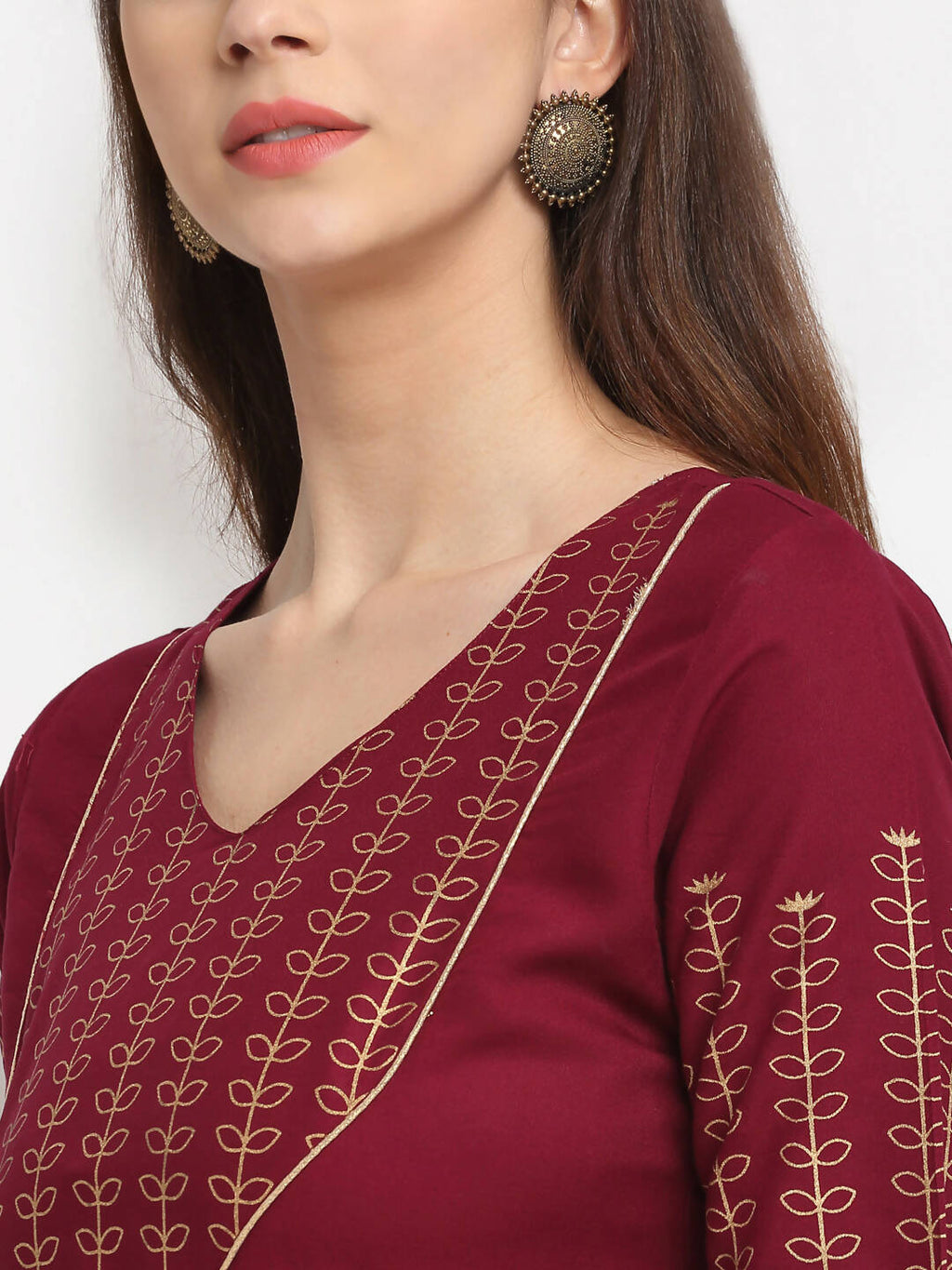 Rudra bazaar Gold Printed A-line flared Maroon Kurti - Distacart