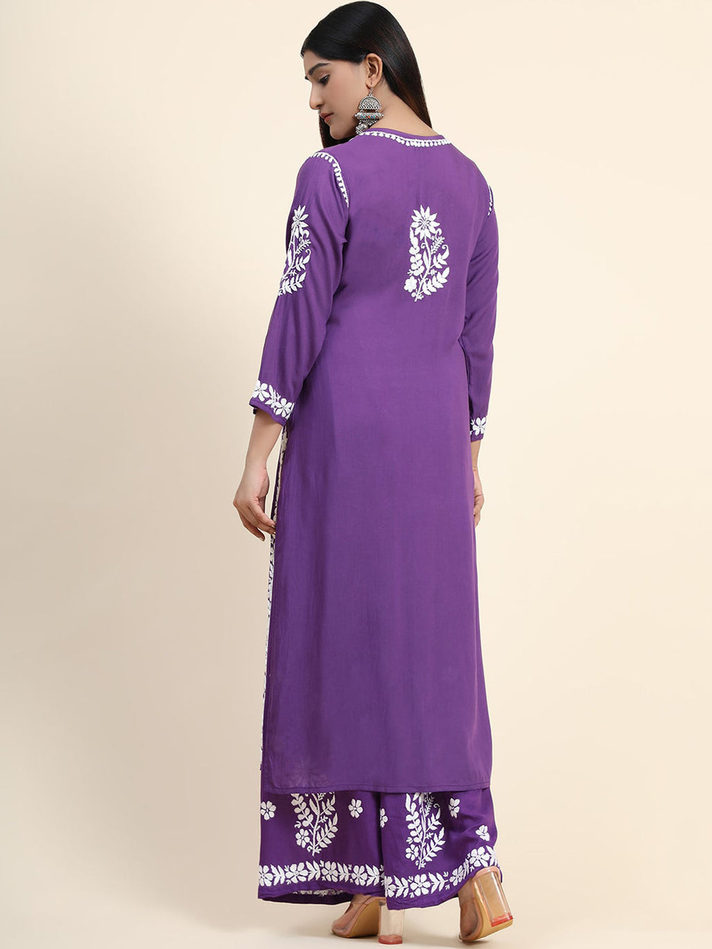 HOUSE OF KARI Women Purple Floral Embroidered Chikankari Pure Cotton Kurta with Palazzos