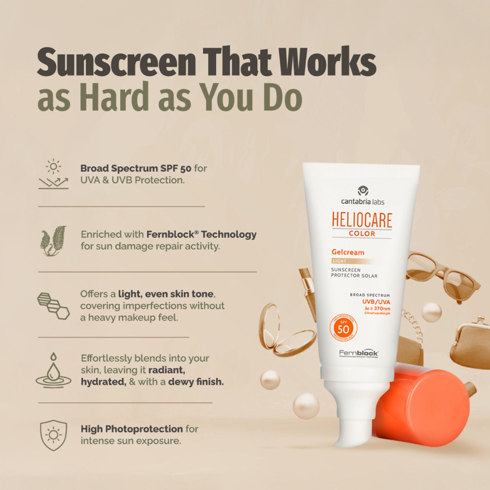 Heliocare Color Gel Cream Tinted Sunscreen SPF 50 Uva & Uvb Protection, No White Cast, Dewy Finish - Distacart
