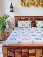 URBAN SPACE Divine White Ethnic Motifs 144 TC Cotton Queen Bedsheet & 2 Pillow Covers