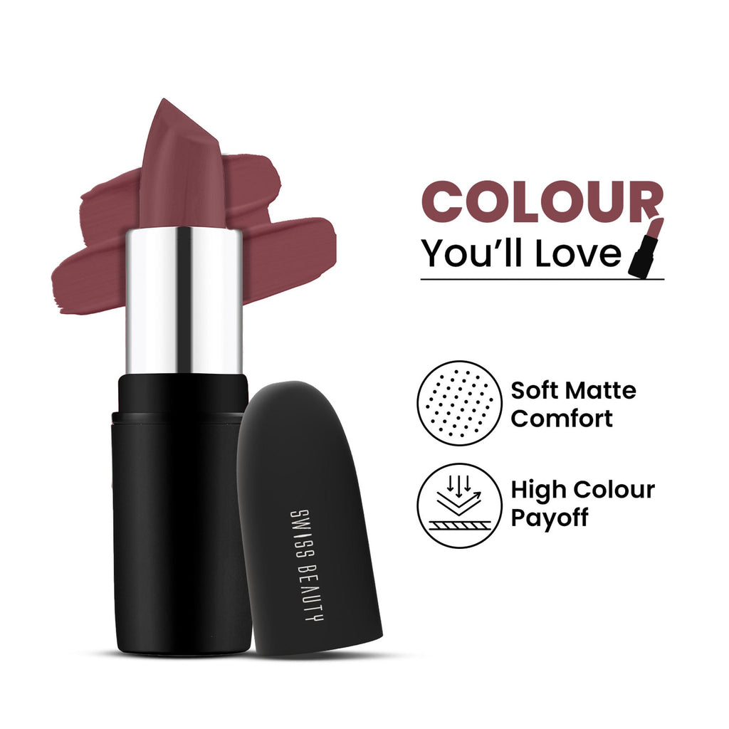 Swiss Beauty Pure Matte Lipstick , Non-Drying, Smooth Glide, Long Lasting - 203 Hazelnut