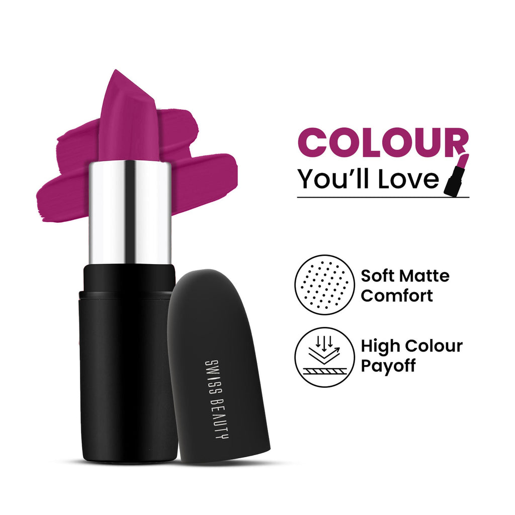 Swiss Beauty Pure Matte Lipstick , Non-Drying, Smooth Glide, Long Lasting - 212 Berry