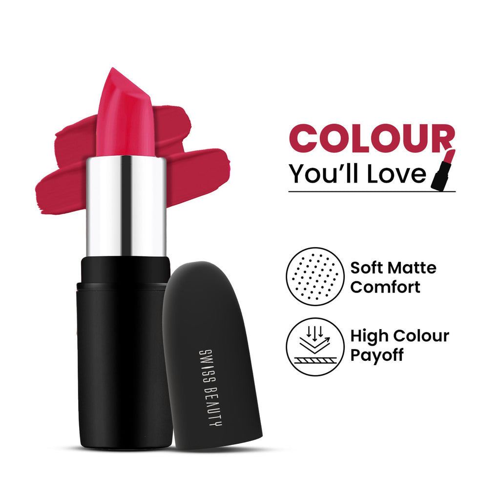 Swiss Beauty Pure Matte Lipstick , Non-Drying, Smooth Glide, Long Lasting - 219 Hot Pink
