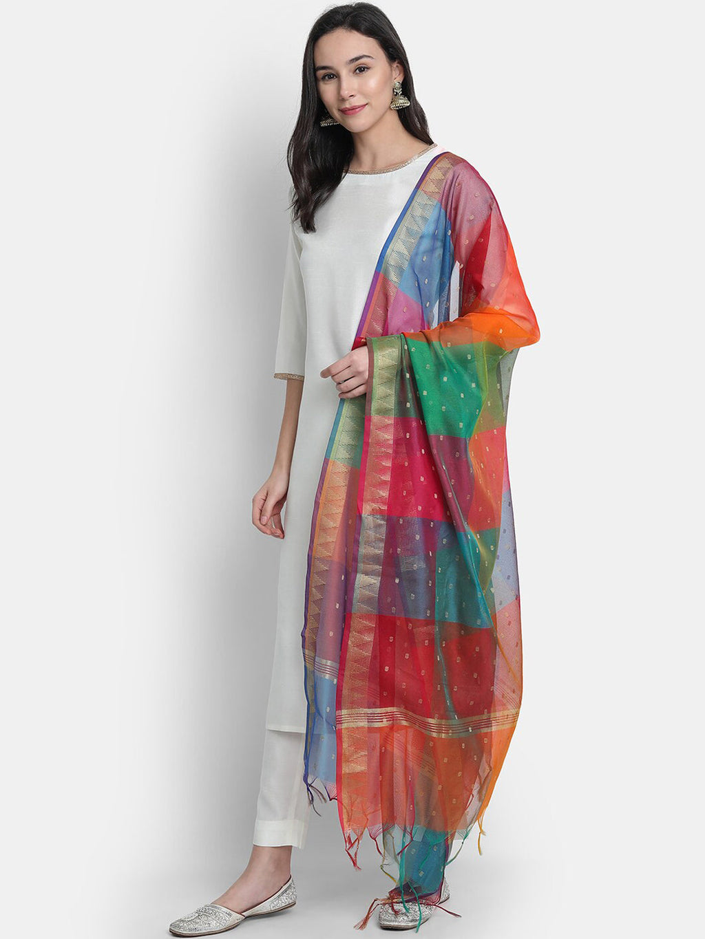 Janasya White Solid Kurta with Trousers & Dupatta - Distacart