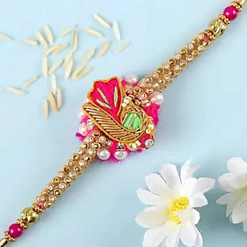 Delightful Pink Zardosi Rakhi & Cashew Jar - Distacart