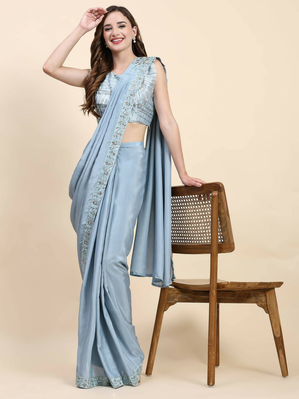 Blue Silk Satin Solid Ready to wear Saree with stitched Blouse - Satiksha