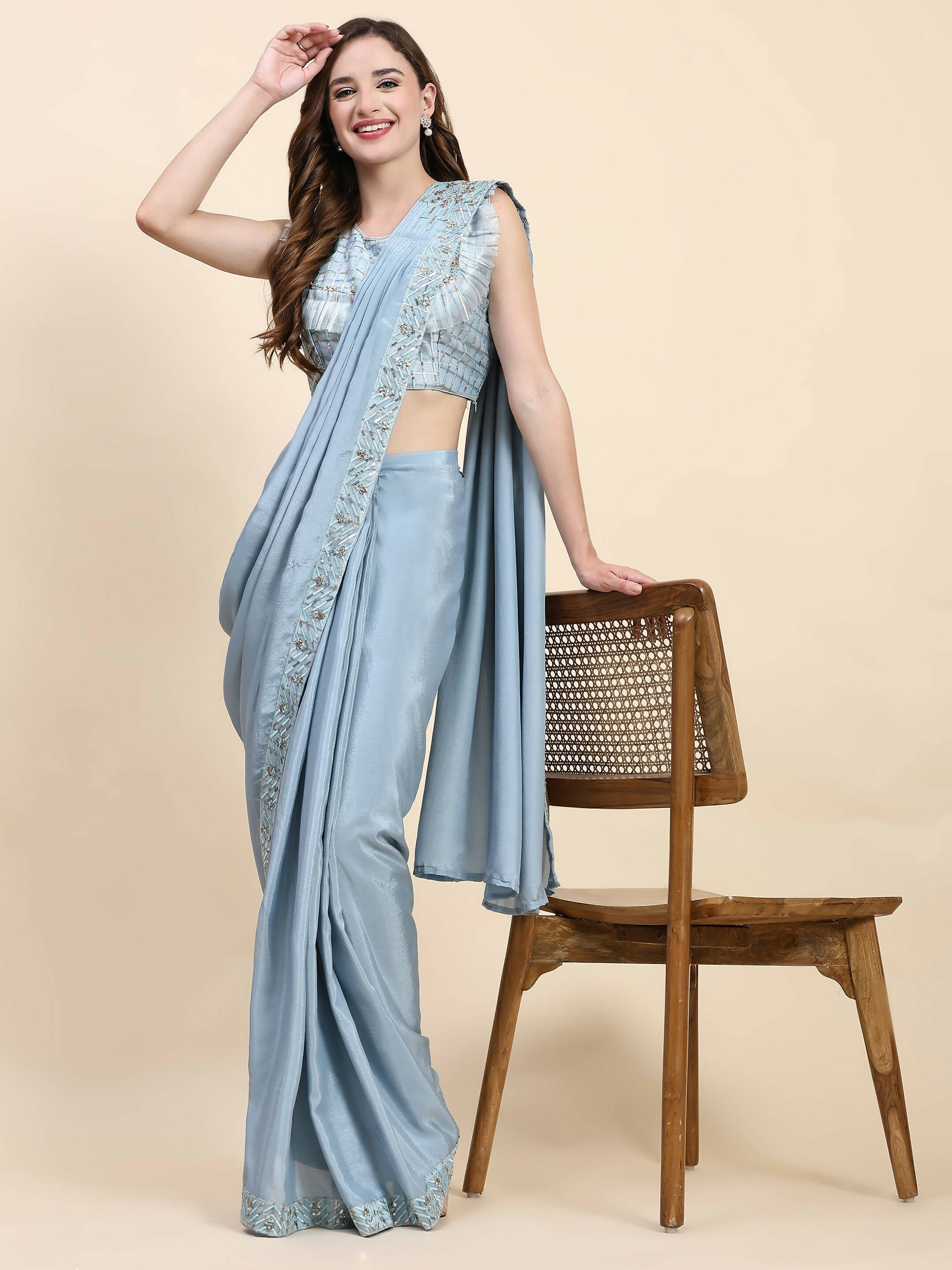 Blue Silk Satin Solid Ready to wear Saree with stitched Blouse - Satiksha