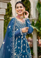 Prussian Blue Stone & Cording Work Festive Palazzo Suit - Emponline