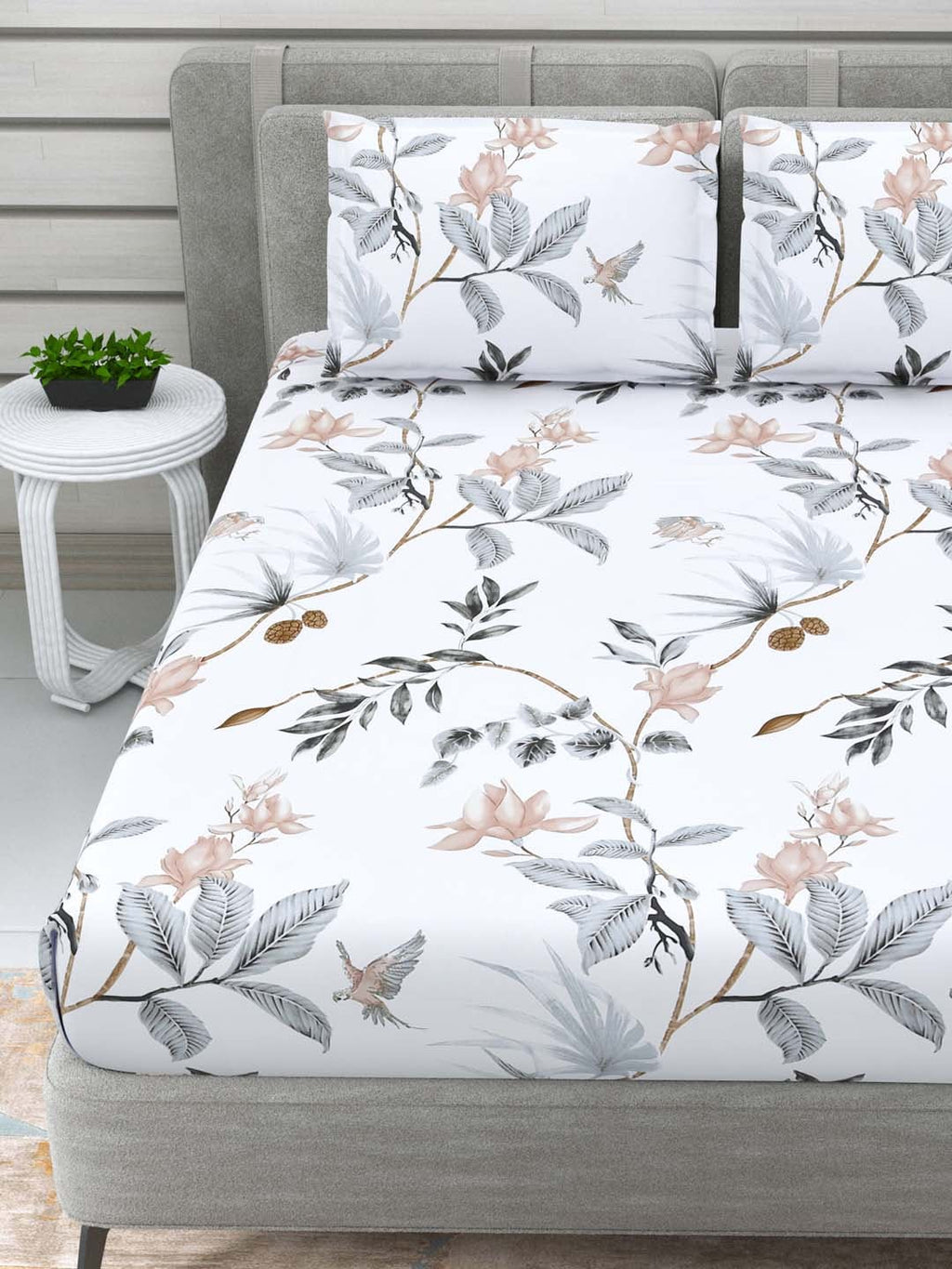 DREAM WEAVERZ White & Grey Floral 220 TC Cotton 1 Double Bedsheet with 2 Pillow Covers