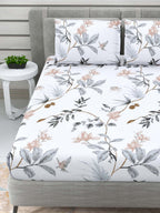 DREAM WEAVERZ White & Grey Floral 220 TC Cotton 1 Double Bedsheet with 2 Pillow Covers