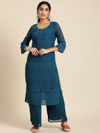 Sangria Women Teal Blue Ethnic Motifs Chikankari Kurta with Palazzos