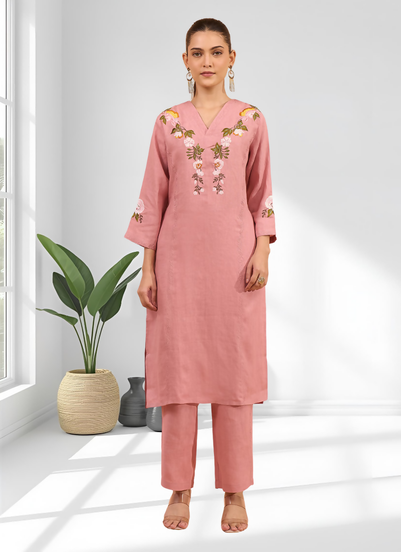 Joban Fashion Pink Linen Embroidered Readymade Long Kurta With Pant - Distacart