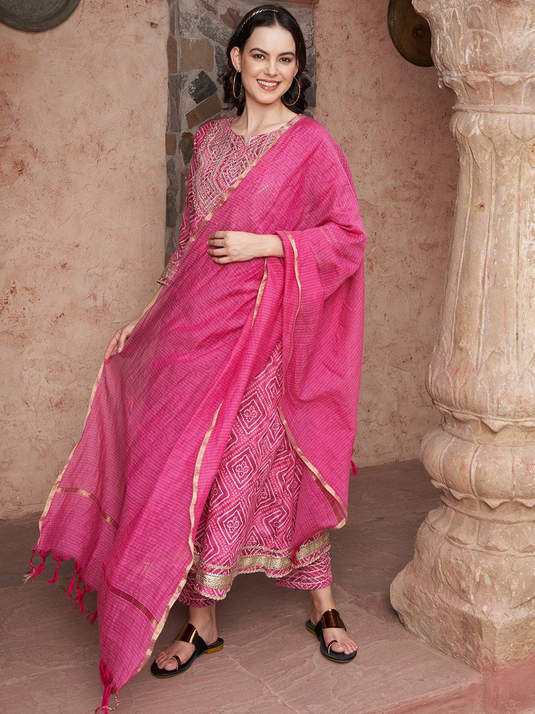 Sangria Bandhani Printed Thread Work Pure Cotton A-Line Kurta with Trousers & Dupatta