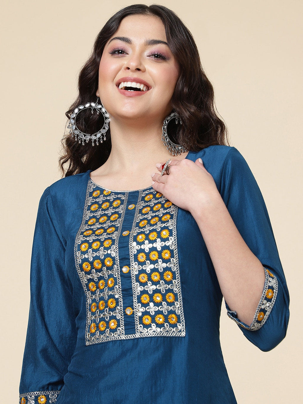 HERE&NOW Ethnic Motifs Embroidered Mirror Work Jute Silk Kurta with Trousers & Dupatta