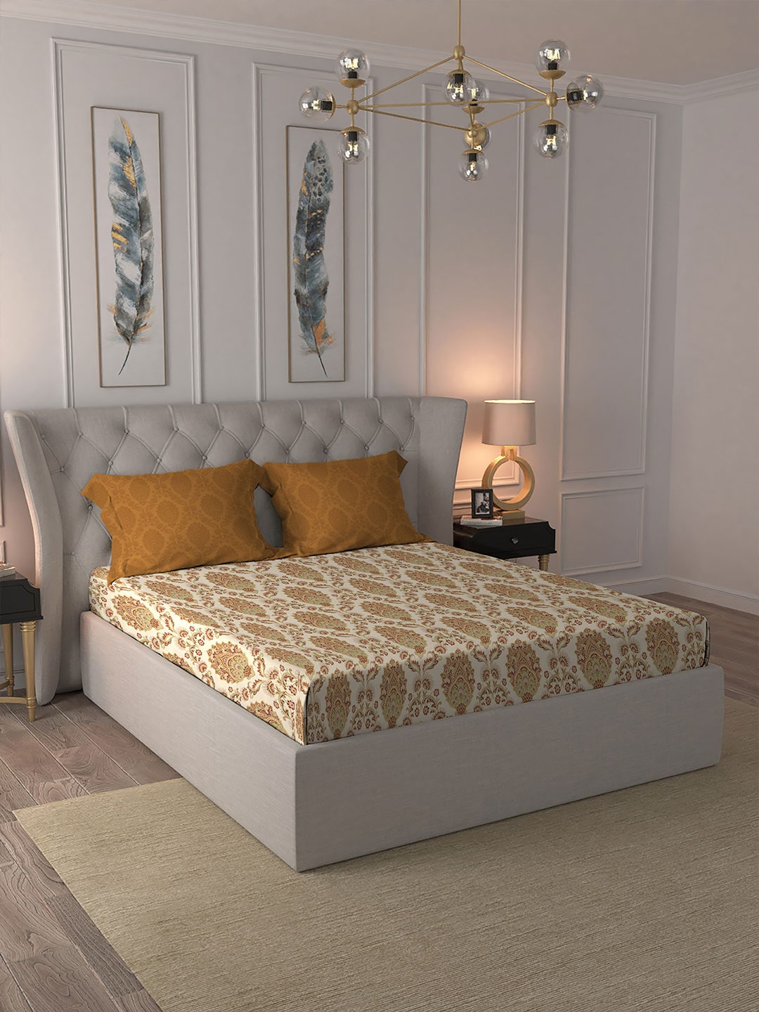 MYTRIDENT Celebration Cream-Coloured Ethnic Cotton 144 TC Queen Bedsheet & 2 Pillow Covers