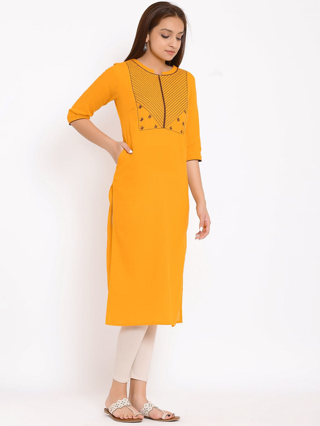 HERE&NOW Yellow Geometric Yoke Design Thread Work Kurta