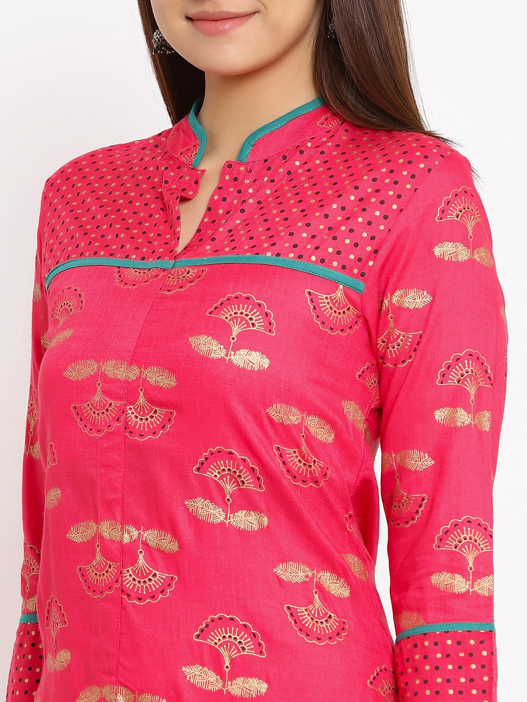 HERE&NOW Coral Mandarin Collar Ethnic Motifs Printed A-Line Kurta