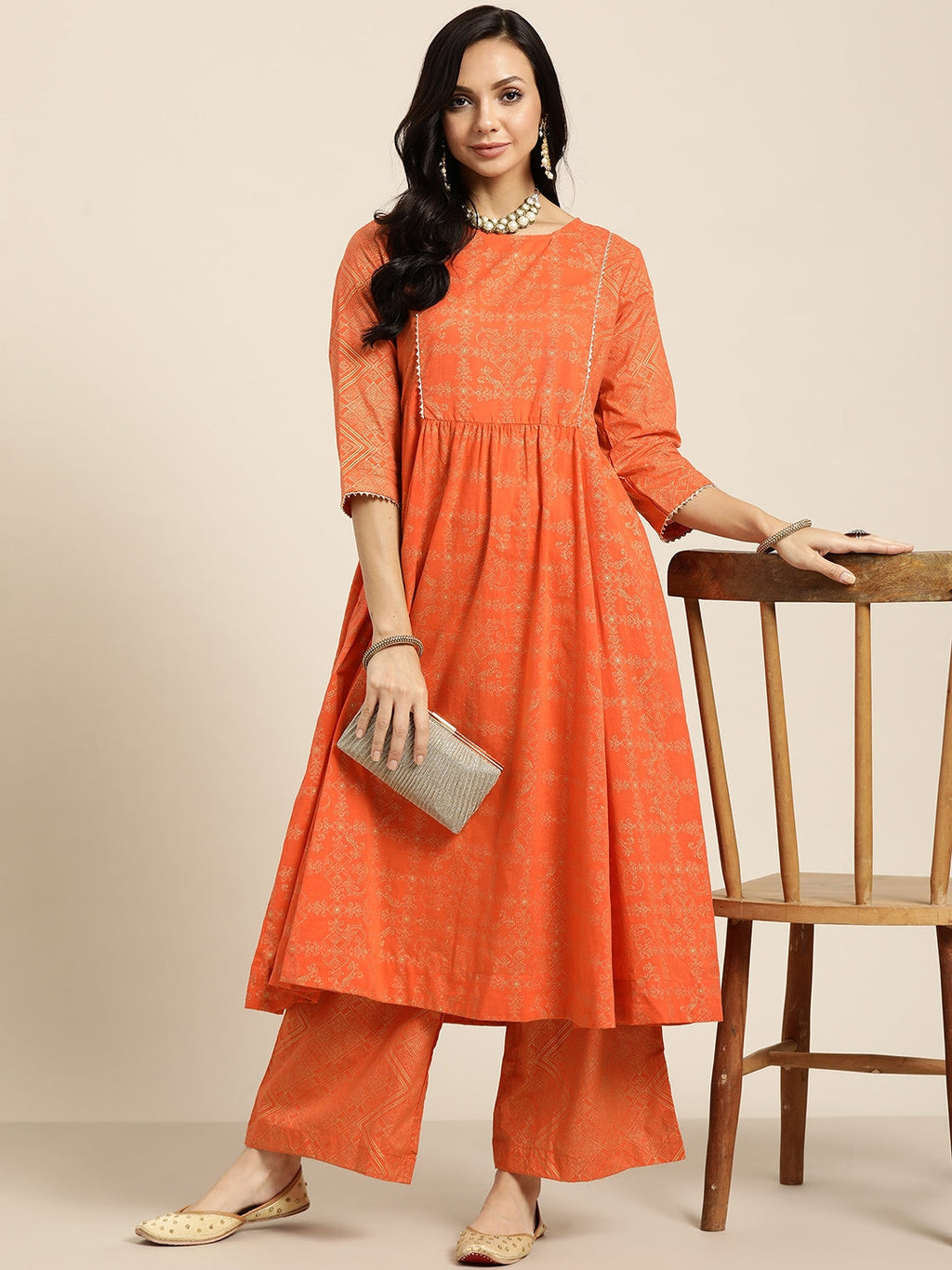 Sangria Women Orange and Golden Ethnic Printed Pure Cotton Kurta with Palazzos