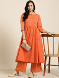 Sangria Women Orange and Golden Ethnic Printed Pure Cotton Kurta with Palazzos