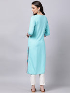 Souchii Women Blue & Pink Embroidered Round Neck Straight Kurta - Distacart