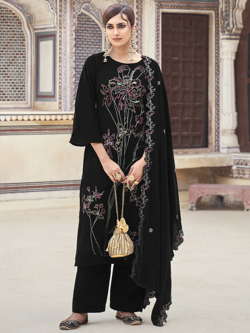Jyoti Fashion Women's Black Velvet Resham Thread with Jari & Sequin Kurta with Trouser & Dupatta