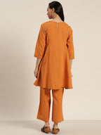Sangria Women Rust Orange Solid Pure Cotton Kurta with Palazzos