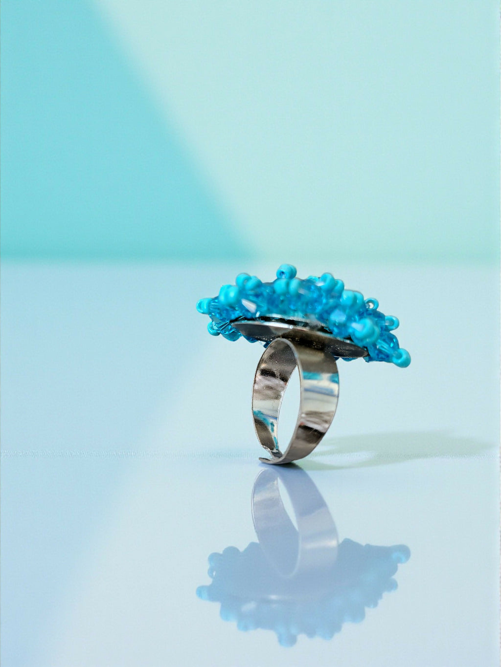 Inhanns Rang-E-Roshan Adjustable Ring – Handmade Crystal Statement Ring - Sky Blue
