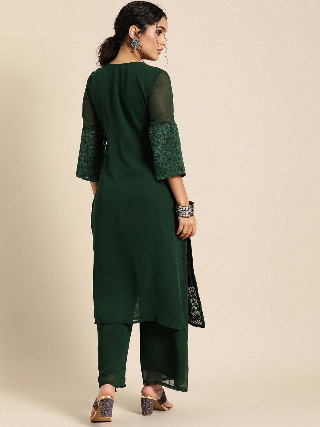 Sangria Women Green Ethnic Motifs Chikankari Kurta with Palazzos