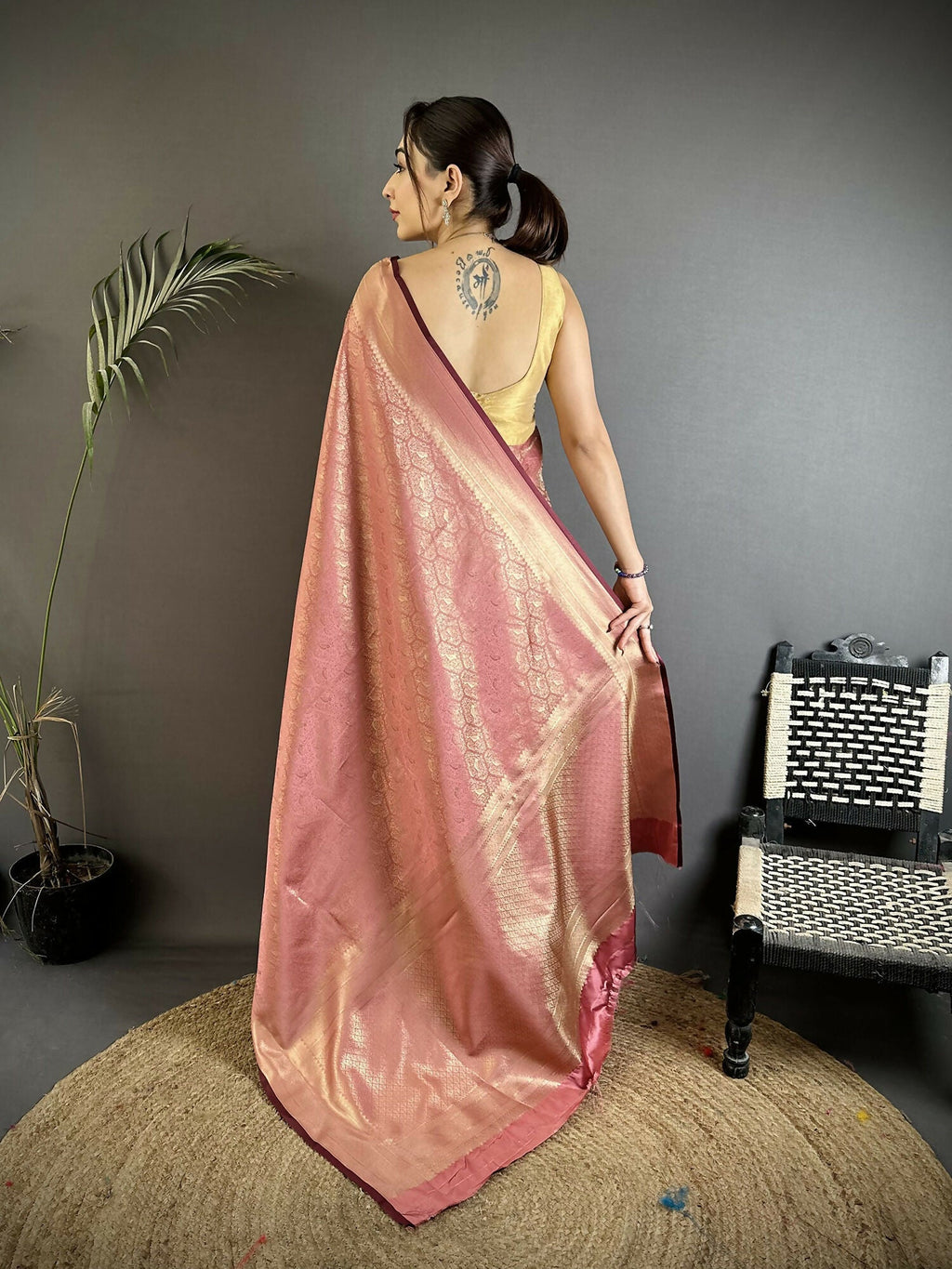 Joban Fashion Rose Gold Paisley & Floral Soft Satin Silk Banarasi Silk Saree - Distacart