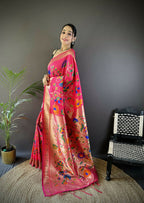 Joban Fashion Reddish Pink Zari Woven Floral Motifs Soft Silk Paithani Silk Saree - Distacart