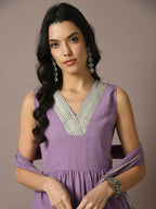 Myshka Women's Lavender Solid Georgette Anarkali Party Kurta Set With Dupatta