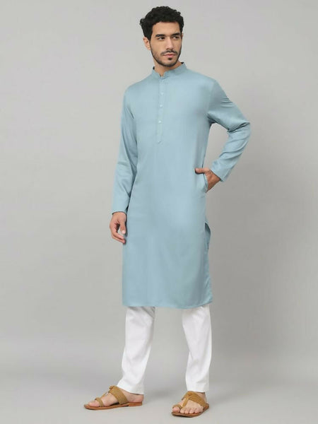 Giza Cotton Blue Plain Kurta by Hilo Design