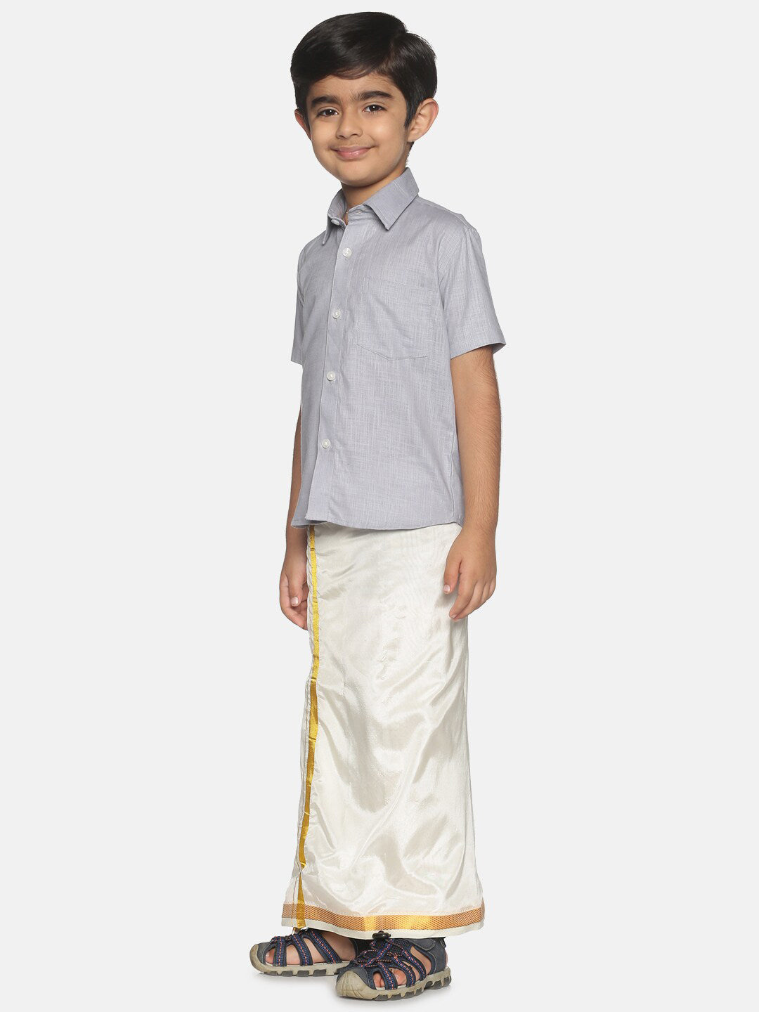 Sethukrishna Boys Grey & White Pure Cotton Shirt With Veshti Set