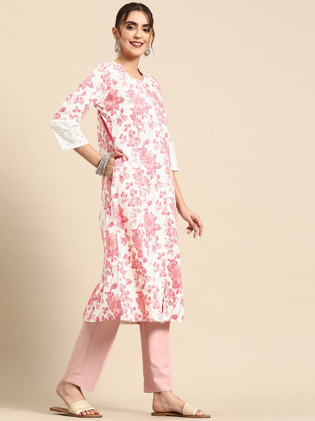 Sangria Floral Printed Cotton Slub Kurta