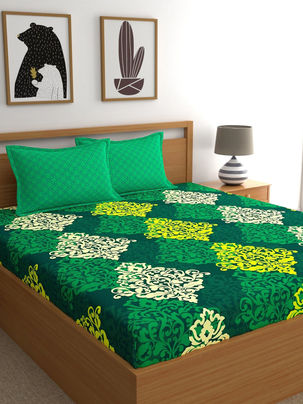 My Room Green & Yellow Ethnic Motifs 140 TC Super King Bedsheet with 2 Pillow Covers