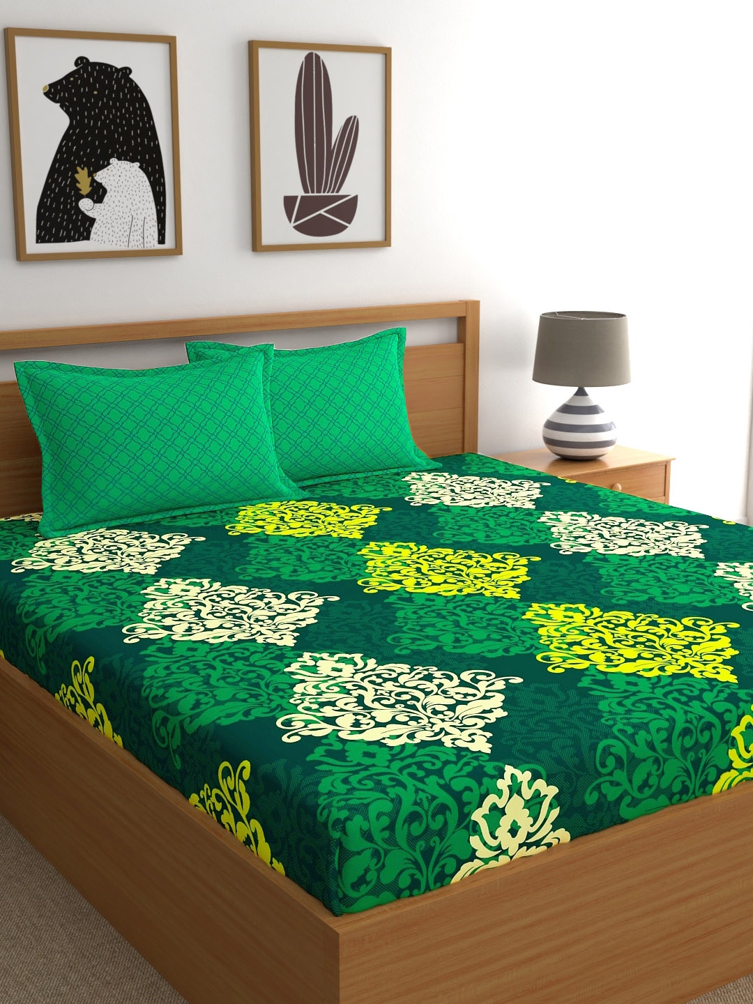 My Room Green & Yellow Ethnic Motifs 140 TC Super King Bedsheet with 2 Pillow Covers