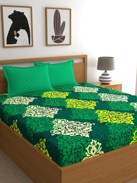 My Room Green & Yellow Ethnic Motifs 140 TC Super King Bedsheet with 2 Pillow Covers