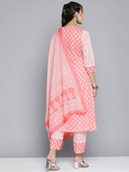 HERE&NOW Women Pink Floral Printed Pure Cotton Kurta with Palazzos & With Dupatta