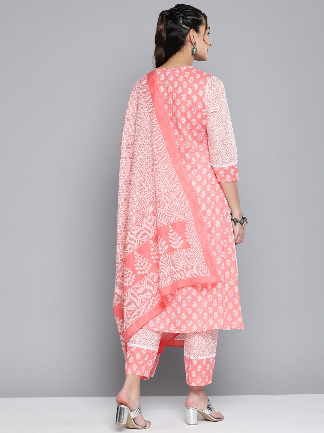 HERE&NOW Women Pink Floral Printed Pure Cotton Kurta with Palazzos & With Dupatta