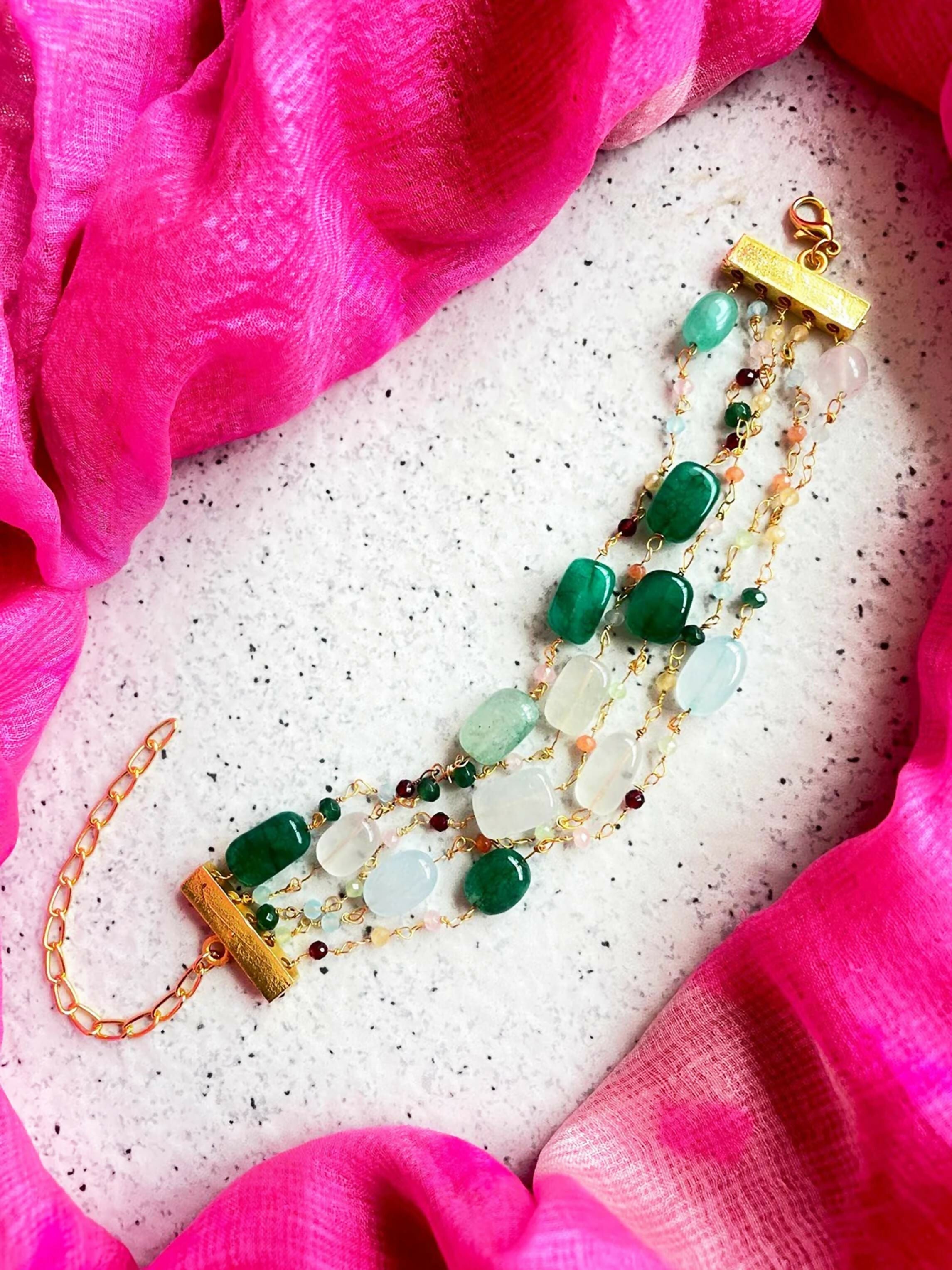 Joban Fashion Green Brass Colourful Zade Stones Trendy Bracelet - Distacart